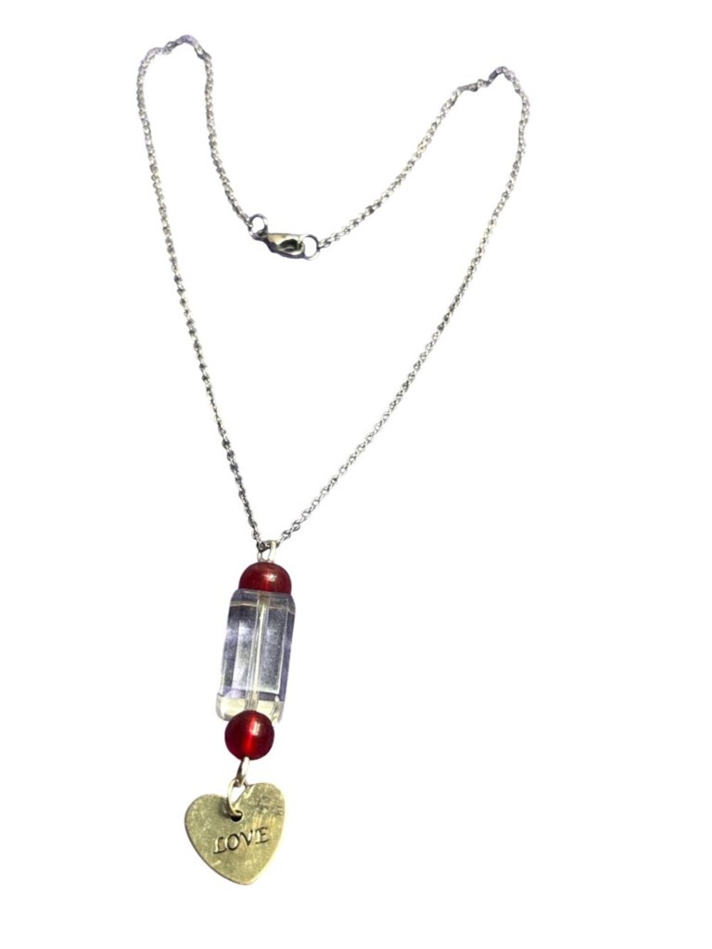 Clear Red Glass Beaded Pendant Necklace Silvertone Heart Love 21 inches Long